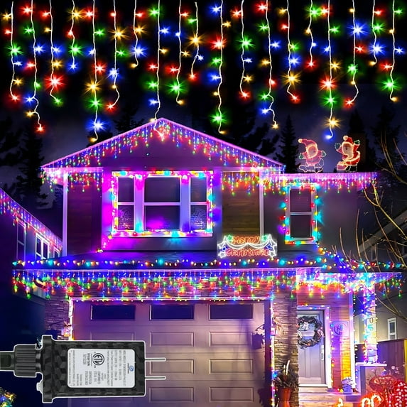 ZOEYKIMLO 29FT Icicle Christmas Lights 180LED, Outdoor Multicolor Christmas String Lights Plug in, 8 Mode for Outside House Yard Patio Eave Decorations, 2PACK