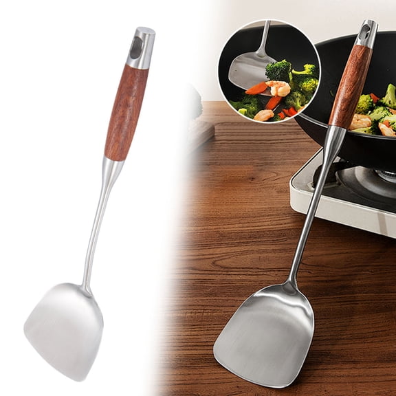 PLJFXXM 14.9 Inch Wok Spatula with Wood Handle Stainless Steel Heat-Resistant Turner, Durable Rust-Proof Dishwasher Safe for Stir-Fry & Grilling