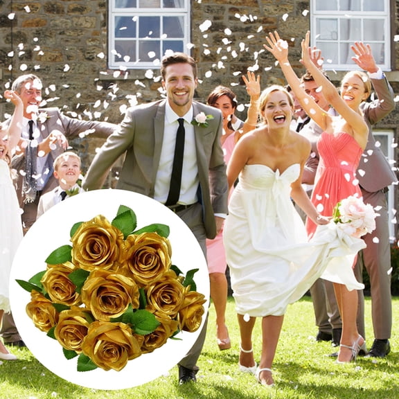 PLJFXXM 19.7 Inch Gold Roses Artificial Flowers -10 Head Realistic Single Long Stem Fake Silk Roses Bouquet for Party Home Wedding Centerpiece Hotel Office Decor