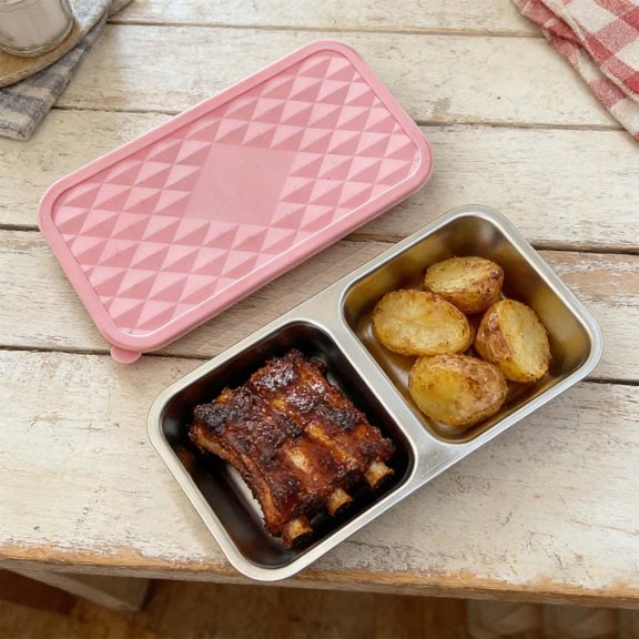 PLJFXXM 1Pcs 304 Stainless Steel Bento Boxe, 2 Compartments Portable Food Storage Containers Snack Boxes with Lids, Divided Meal Prep Lunch Box Food Container Dishwasher Safe (Pink)