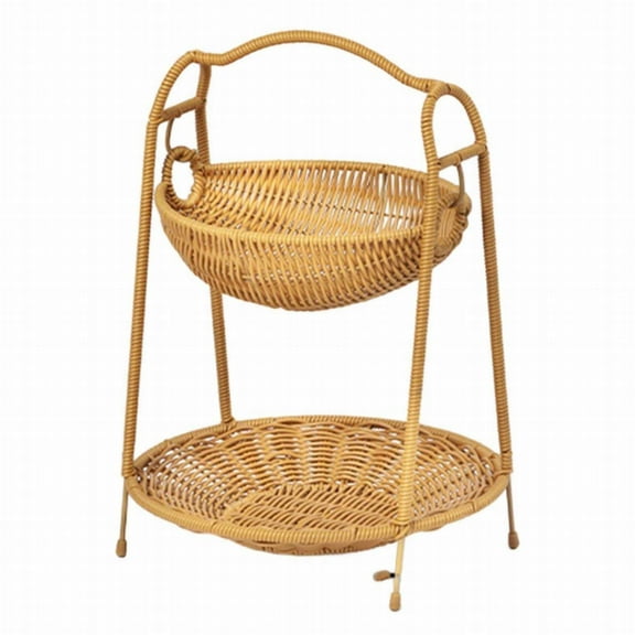 PLJFXXM 2-Tier Wicker Basket Stand for Kitchen Counter, Handwoven Rattan Fruit and Vegetable Storage Organizer, Rustic Boho Countertop Display Basket for Produce, Bread, Snacks, or Towels (Beige)