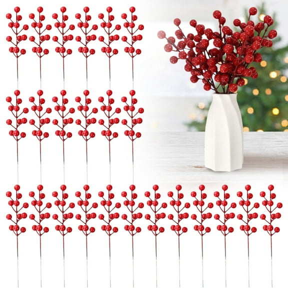 PLJFXXM 24 Pack 8.66 Inch Artificial Red Berry Picks for Christmas Tree Burgundy Red Berries Stems Holly Berry Branches Ornaments Wreath Crafts Wedding Holiday Season Winter Home Decor