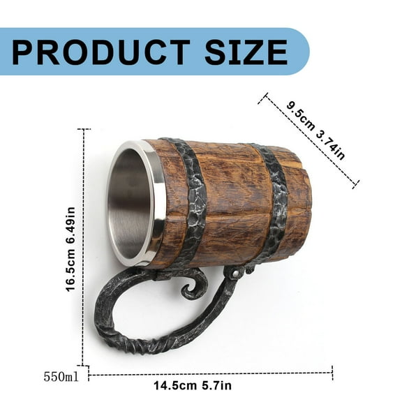 PLJFXXM 550ml Wooden Barrel - Shaped Beer Mug, Stainless Steel Double - Wall Beer Stein with Resin Handle Coffee