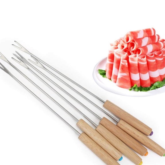 PLJFXXM 6 PCS Stainless Steel Fondue Forks, 9.6 Inches Cheese Fondue Sticks Smore Sticks with Wooden Handle Heat Resistant for Chocolate Fountain Cheese Fondue Roast Marshmallows Fruits