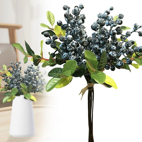 PLJFXXM 6pc Artificial Berries Stems Blueberry Picks With Green Leaves Lifelike Artificial Flowers Arrangement For DIY Wedding Bridal Bouquet Home