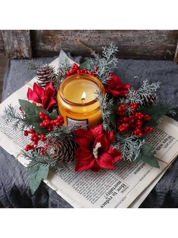 Artificial Candle Wreath for Table Centerpieces Table Accent Snow Flocked Candle Rings for Christmas Candle Centerpieces Pine Branches, Red Berries, Pinecones Pillars Candle Rings