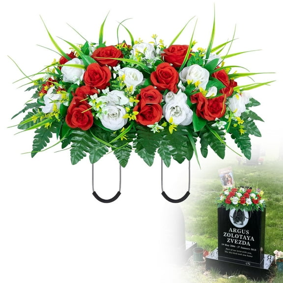 PLJFXXM Artificial Cemetery Flower-Outdoor Grave Saddle Headstone Decorations,Blue and White Rose Memorial Day Flowers for gravesite (Red and White)
