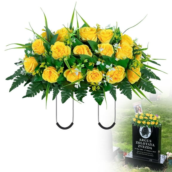 PLJFXXM Artificial Cemetery Flower-Outdoor Grave Saddle Headstone Decorations,Yellow Rose Memorial Day Flowers for gravesite (Yellow)