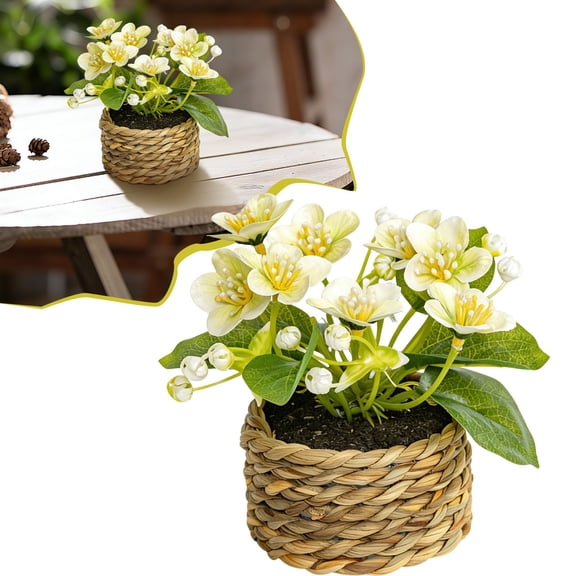 PLJFXXM Artificial White Geranium Flowers in Woven Basket, 5’’ Tall Silk Flower Arrangement, Realistic Geraniums Artificial Outdoor Plants for Home Indoor Table Wedding Centerpiece Decor