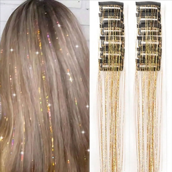 PLJFXXM Brown Hair Tinsel 12Pcs Clip in Hair Tinsel Extensions 20.5 Inch Fairy Hair Tinsel Kit for Girls Women Glitter Hair Accessories for Christmas Halloween Cosplay Party (Gold)