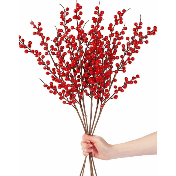 PLJFXXM Christmas Red Berry Picks 21.6 Inch – Artificial Holly Berry Stems, Burgundy Branches for Floral Arrangements/DIY Crafts/Home Decor