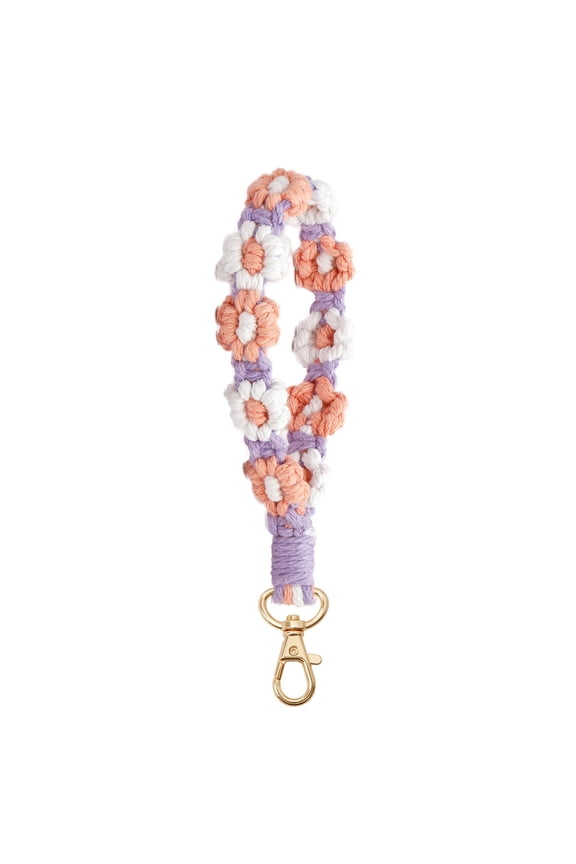 Cute Macrame Keychain Boho Handmade Weave Wristlet Bracelet Keychain Floral Wrist Lanyard Keyring Holder for Women (Pink)