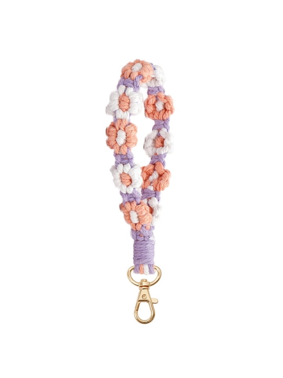 Cute Macrame Keychain Boho Handmade Weave Wristlet Bracelet Keychain Floral Wrist Lanyard Keyring Holder for Women (Pink)
