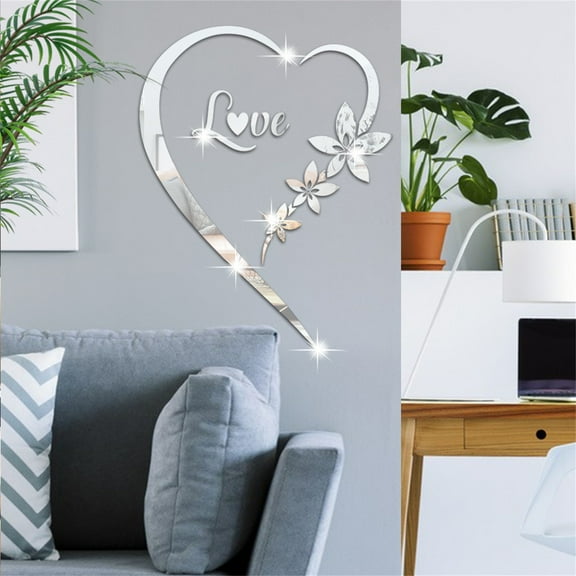 PLJFXXM Heart Shape Mirror Wall Sticker, Self-Adhesive Love Heart Acrylic Mirror Wall Stickers Art Mural, DIY Walls Art Home Decor Heart Mirror Wall Decals for Living Room Bedroom Bathroom (Silver)