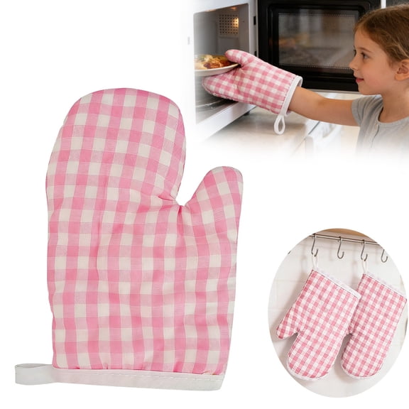 PLJFXXM Heat Resistant Oven Mitts for Baking Gloves with Dark Blue Checkered Pattern, Microwave Safe Heat Insulated Baking Mitten (Pink)