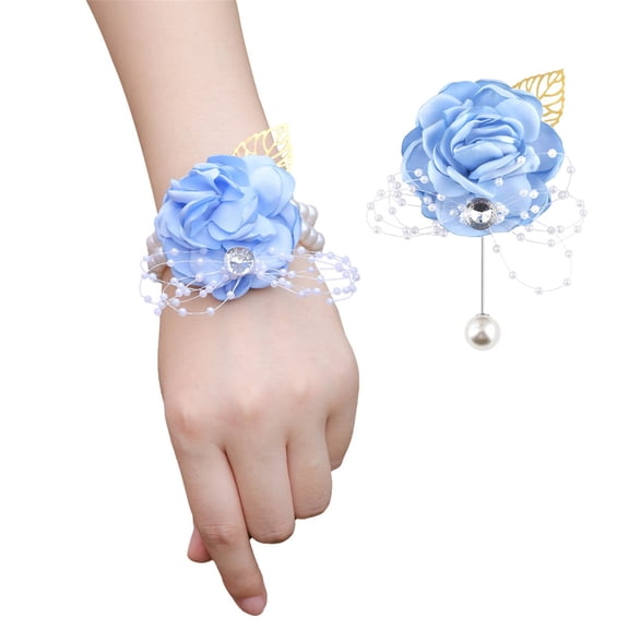 PLJFXXM Rose Light Blue Flower Corsage and Boutonniere Set 2,Handmade Silk Flower Corsage Wristlet Wedding Accessories for Brides,Bridal Shower Gifts for bride Prom Party Wedding Ornament