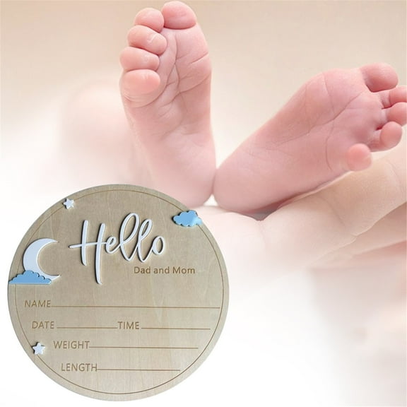 PLJFXXM Wooden Baby Announcement Sign, Round Hello World Birth Name Sign with Moon and Stars Pattern Chic Newborn Plaque for Welcome to Arrival New Baby Commemorative Prop Nursery Hospital Home Decor