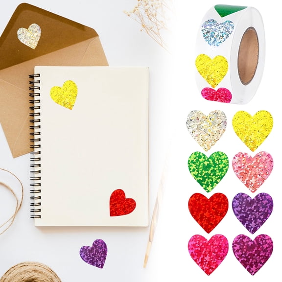 PLJFXXM500 PCS Glitter Heart Stickers, 8 Colors Metallic Glitter Stickers Self Adhesive Waterproof Reflective Heart Stickers Love Decorative Labels for Wedding, Classroom Teacher Supplies (Each 1”)