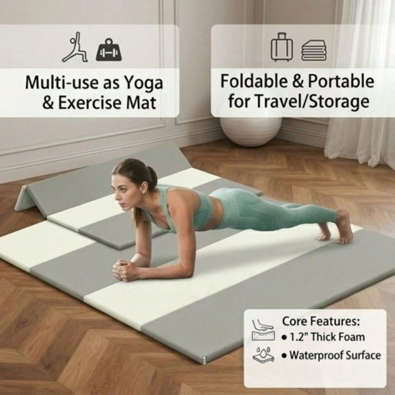 PLKJ BeigeGrey 47X47X1.2 Foldable Yoga Mat & Exercise Mat, Waterproof Playmats For Floor, Thicken Foam Playmat For Tummy Time & Crawling, Portable Floor Mat For Home Family Living Room