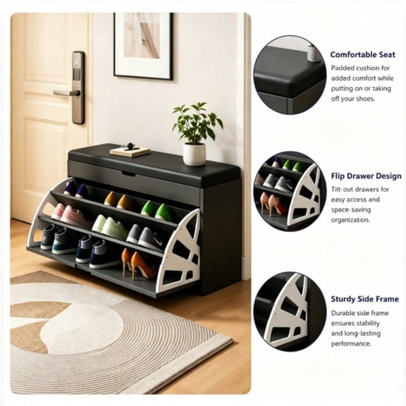PLKJ Black Shoe Storage Bench With Flip Drawers, Easy To Assemble 3-Tier Hidden Shoe Organizer For Entryway Cloakroom & Bedroom Indoor Seating Furniture