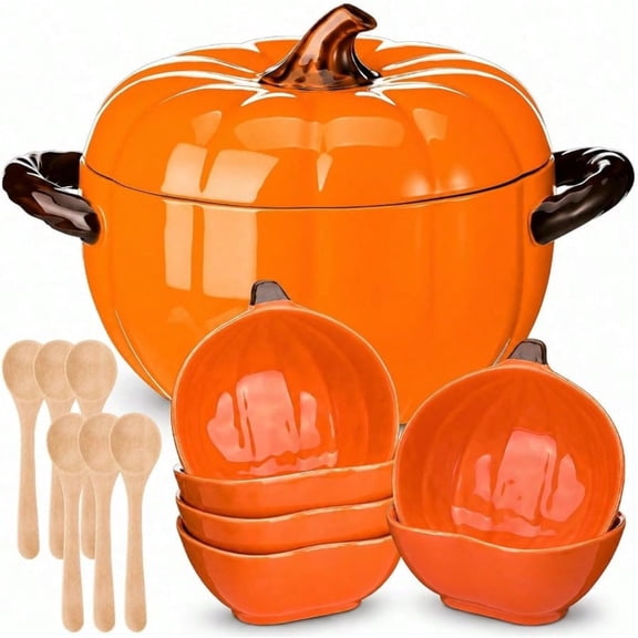 PLKJ Pumpkin Ceramic Pot with Lid, 54 Oz Pumpkin Serving Bowl with 6 Pcs Pumpkin Ramekins & Wooden Spoons, Fall Thanksgiving Halloween Dinnerware Set, Soup Cooking Pot, Kitchen Dessert Table Decor