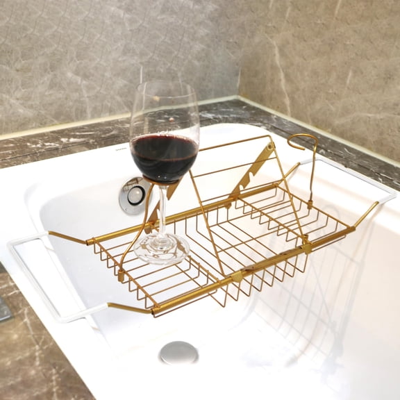 PLKO Bathtub Tray,Stainless Steel Shower Bathtub Caddy Tray with Removable Book Holder Red Wine Rack Holder, for Home Kitchen Bathroom,Gold