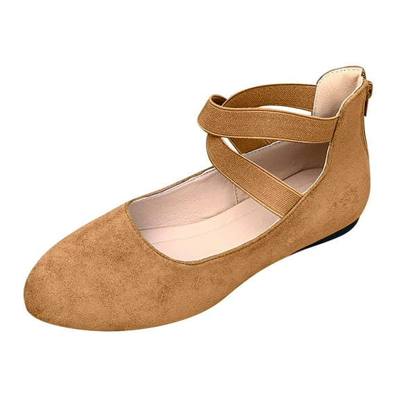 PLLFRLRT Ballet Flats Shoes For Women With Strap Comfortable Criss-Cross Elastic Ankle Straps Flats Shoes Round Toe Slip on Dress Flat Shoes(Khaki,8.5)