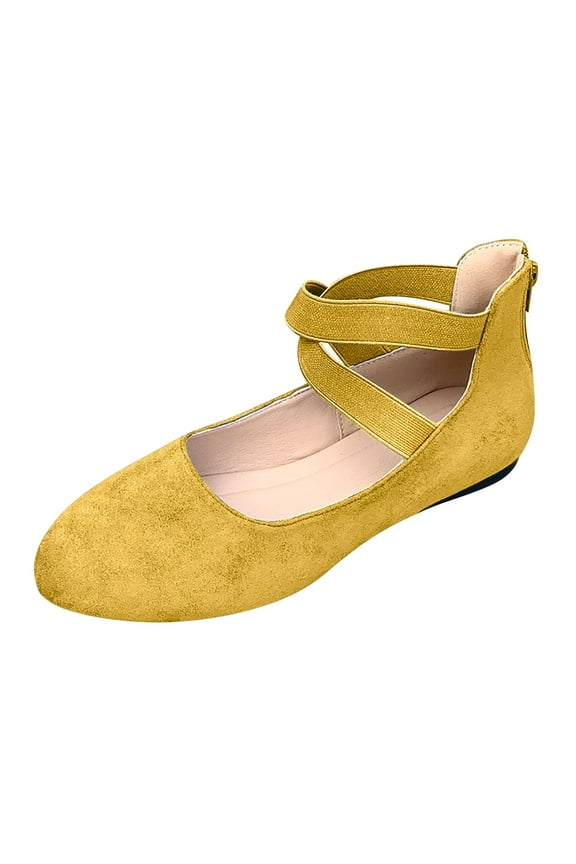 Ballet Flats Shoes For Women With Strap Comfortable Criss-Cross Elastic Ankle Straps Flats Shoes Round Toe Slip on Dress Flat Shoes(Yellow,7.5)