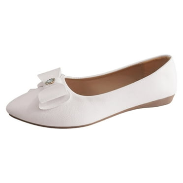 PLLFRLRT Ballet Flats Shoes for Women with Bow PU Leather Slip on Pointed Toe Black Flats Classic Casual Versatile Dressy Flats Shoes(White,9)