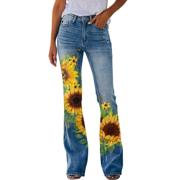 PLLFRLRT Bell Bottom Jeans for Women Floral Sunflower Denim Pants Stretchy Trendy Flared Leg Jeans Mid Waist Bootcut Jeans(Yellow,XL)