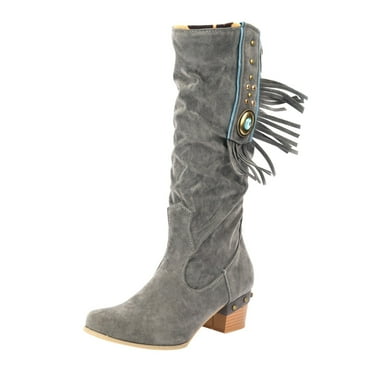 PLLFRLRT Cowboy Boots For Women Mid Calf Cowgirl Boots Pointed Toe Western Boots Low Chunky Heels Tassel Cowboy Boots Black Warm Long Boots(Grey,6.5)