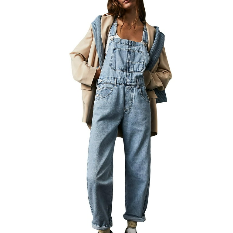 Pllfrlrt Denim Overalls for Women Casual Bib Overalls Pants Pocketed Jeans Jumpsuits Boyfriend Jeans Retro Loose Fit Jumpsuit Blue L Women s Size