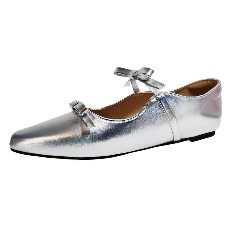 Pllfrlrt Mary Jane Flats for Women with Bow Silver Ballet Flats Shoes Adjustable Strap Dressy Slip On Flat Shoes Pointed Toe Mary Jane Black Flats