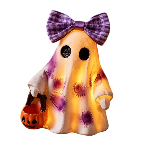 ZIZOCWA Retro Patchwork Ghost Figurines with Bow Halloween Decorationns Desktop Display Ornaments Party Favors Gifts