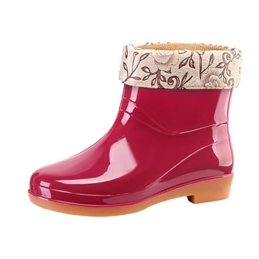 PLLFRLRT Women's Rain Boots Garden Shoes Slip On Rubber Boots Waterproof Rainboots Boots Fleec Warm Garden Boots Wide Short Rain Boots,Red,8.5