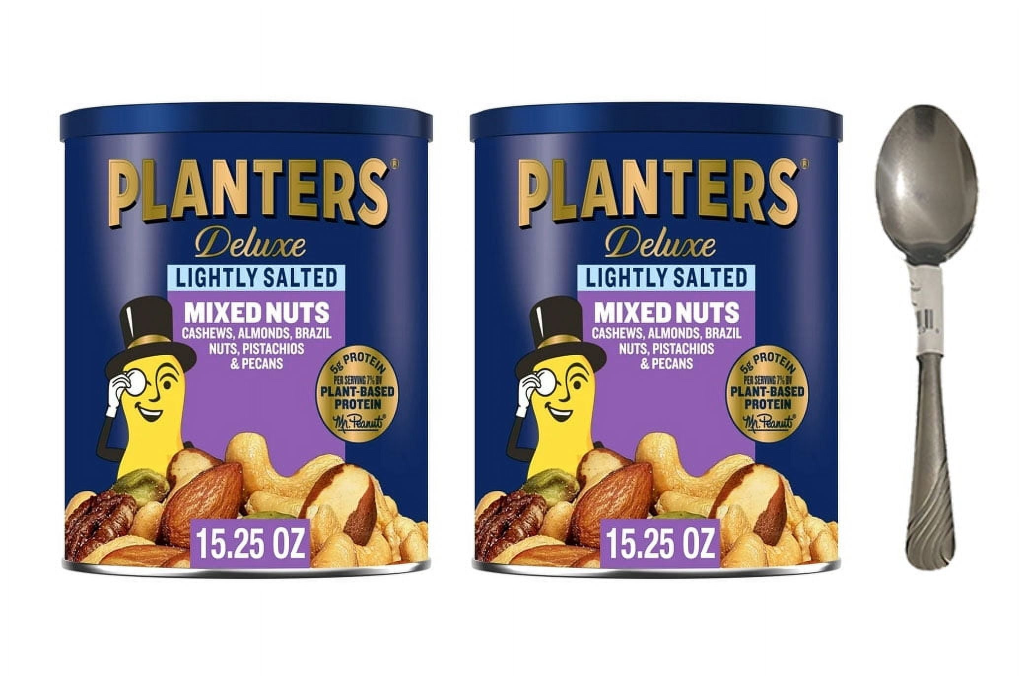PLNTERS Deluxe Lightly Salted Mixed Nuts, Party Snacks, Plant-Based Protein 15.25oz (2 Canister)  WITH SPOON