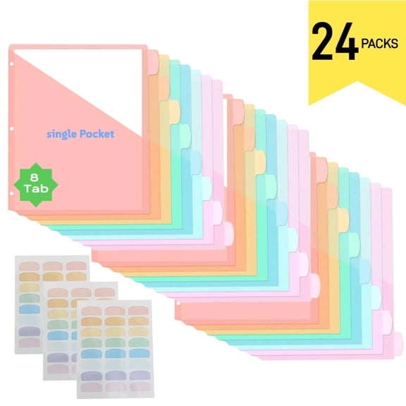 PLNYA 8-Tab Binder Dividers, 24 Count (3 Sets), Single Pocket, Letter Size, 3-Ring