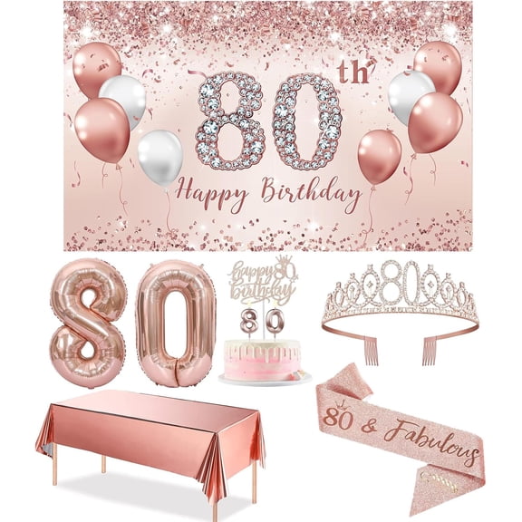PLOAWO 80th Birthday Decorations Party Set for Women, Rose Gold 80 Birthday Banner and Tablecloth, 80 & Fabulous Sash and Tiara, 1PC Happy 80th Birthday Cake Topper, Pink Gold 80 Number Balloons