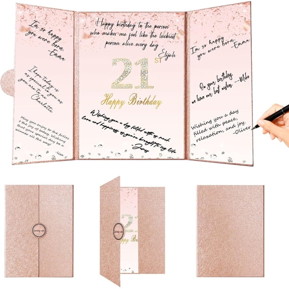 PLOAWO Rose Gold 21st Birthday Decorations, Creative 21st Birthday Guest Sign in Book Alternative, Large 21st Birthday Signature Book 12" x 18", Great 21 Years Old Birthday Gifts for Her or Women