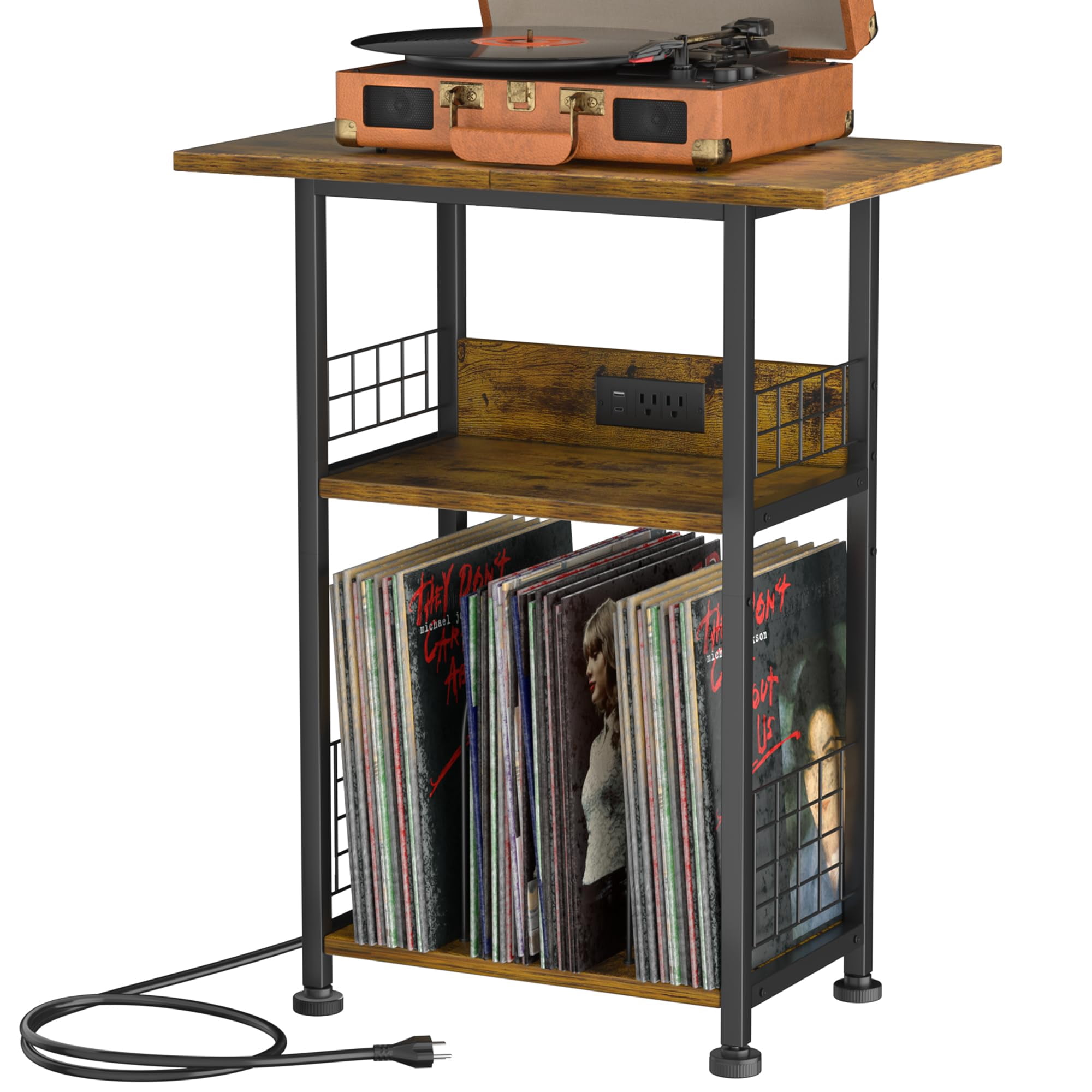 PLOOHT Large Record Player Stand 3-Tier Rustic Brown Storage Table with ...