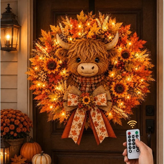 PLPPYFS 14 Inch Fall Wreath for Front Door with Lights & Remote, Autumn Sunflowers Wreaths Eucalyptus Leaves Pinecones Berries for Porch Outdoor Indoor Thanksgiving Decorations Outdoor Indoor Decor