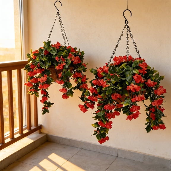 PLPPYFS 15-Inch Imitation Plum Blossom Hanging Basket, Set of 2 Artificial Fake Hanging Plants Flowers Basket for Spring Summer Outside Decoration, UV Resistant for Home Porch Patio Balcony Yard