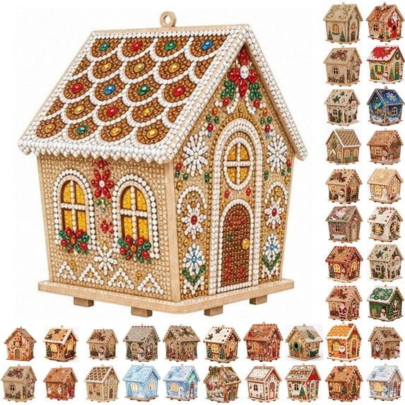 PLPPYFS 3D Wooden Christmas House Diamond Art Kit for Adults, DIY Christmas Craft Kit, Four-Sided Holiday Artwork, DIY Assembly, Tree Hanging Display, Christmas Craft Gift