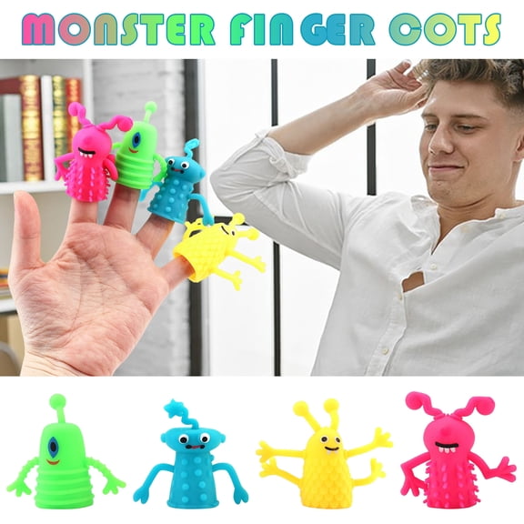 PLPPYFS 4 Pcs Finger Puppets tools, Funny Colorful Cute Monster Stretchy Finger Puppets, Soft Stretchy Fidget Doll Tools, Rubber Mini Finger Dolls for Role Playing Birthday Party Favors