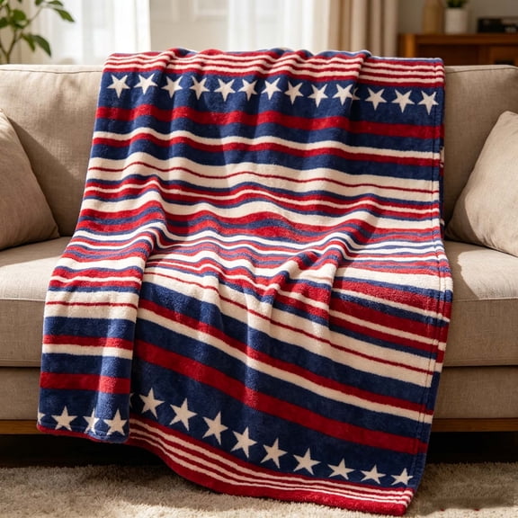 PLPPYFS 4th of July Flannel Blanket Throw, Patchwork Star Strips Independence Day Memorial Day Soft Fuzzy Plush Cozy Fleece Blankets for Couch Sofa Bed Decor, Ideal Gifts for Adults 51x70.8 in