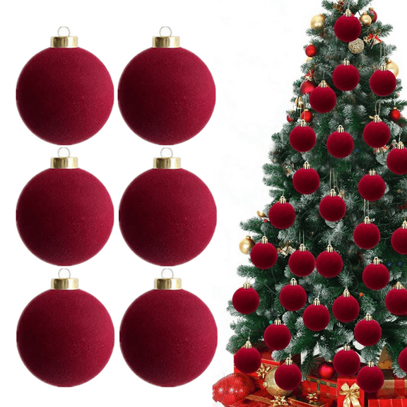 PLPPYFS 6 Pcs Red Velvet Christmas Balls, 3.15 Inch Velvet Ornaments for Christmas Tree, Christma Tree Flocked Ornaments Balls for Family Holiday Wedding Party Xmas Hanging Decorations