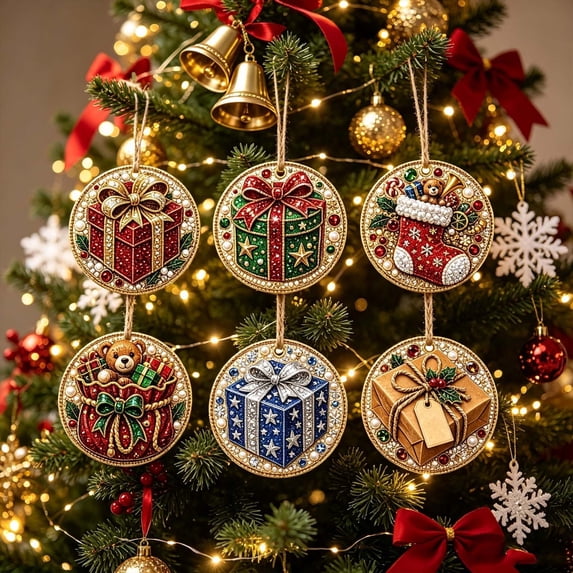 PLPPYFS 6PCS Christmas Wooden Ornaments DIY Pearl Diamond Art Kit, 3.15x3.15" Holiday Tree Decor, 6 Festive Designs, Pendant Style, Xmas Tree Decoration Home Party Gift for Adults