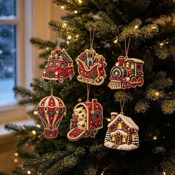 PLPPYFS 6PCS Christmas Wooden Ornaments DIY Pearl Diamond Art Kit, 3.15x3.15" Holiday Tree Decor, 6 Festive Designs, Pendant Style, Xmas Tree Decoration Home Party Gift for Adults