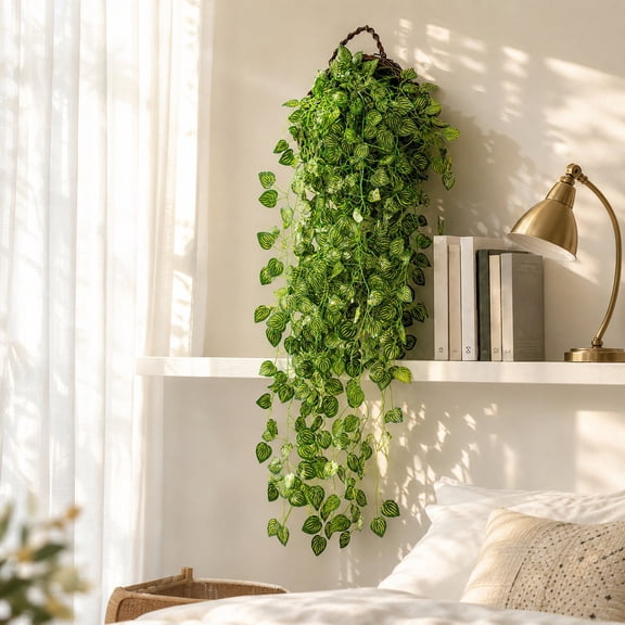PLPPYFS Artificial Hanging Green Vine Plant, 35.4 Inch Lifelike Round Leaf Fake Trailing Greenery, No Maintenance Wall Hanging Foliage for Boho Indoor Outdoor Home Decor