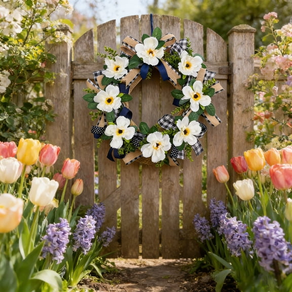 PLPPYFS Artificial Peony Flower Wreath - Flower Door Wreath Spring with Green Leaves, Artificial Wild Daisy Flowers with Berry Accents, Spring and Summer Door Wreath for Indoor Outdoor Decor